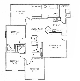 Floor plan for 4 beds, 2 baths, 1375 sqft